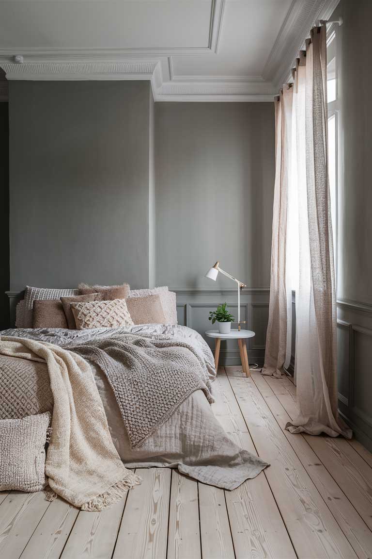 A wide shot of a small bedroom with walls painted in a soft dove gray. The bedding is in various shades of beige and cream, creating a layered, tonal effect. A pale wooden floor and white ceiling complete the neutral palette.