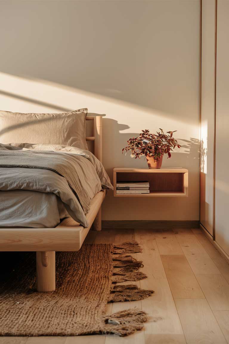 A tiny bedroom with a light wood bed frame and matching floating bedside shelf. A small potted plant sits on the shelf, and a jute rug covers part of the light wood flooring. The overall effect is warm and natural.