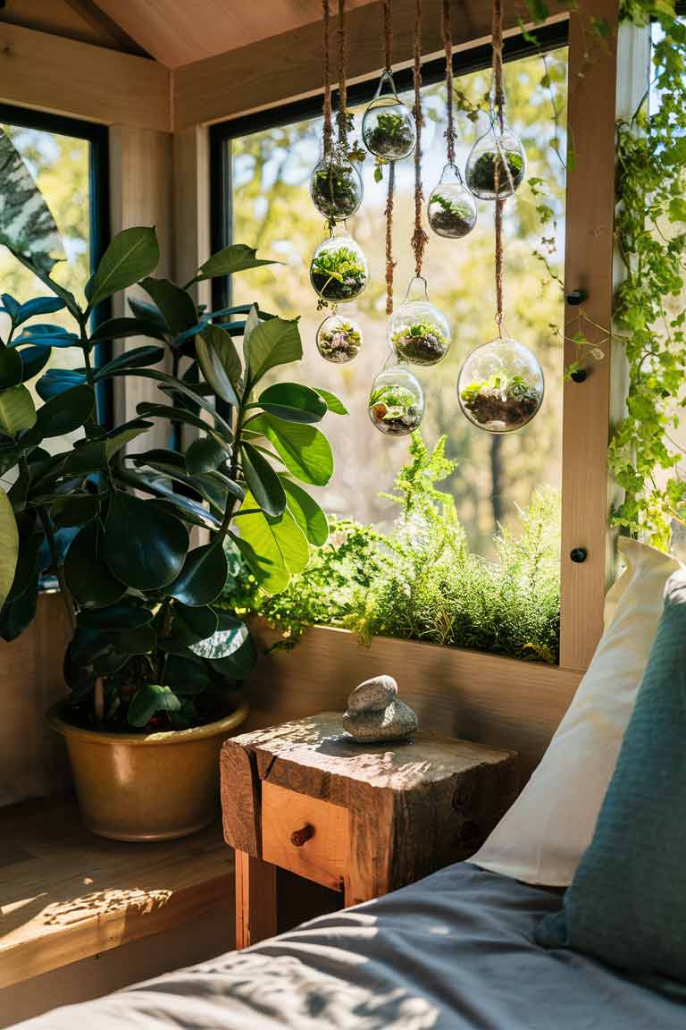 A corner of a tiny house bedroom showcasing natural elements. A large potted plant sits in one corner while hanging terrariums are suspended from the ceiling. The bedside table is made of natural, unfinished wood, and a small stone sculpture sits atop it. The overall effect is fresh and organic, bringing a sense of the outdoors into the small space.