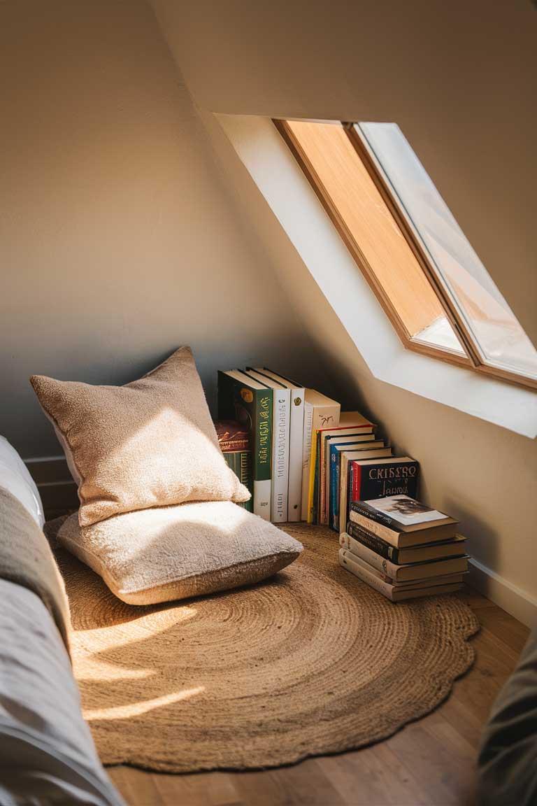 A corner of a tiny bedroom set up as a meditation space. A small cushion sits on a round jute rug, with a few favorite books stacked neatly beside it. Soft natural light filters through a nearby window.