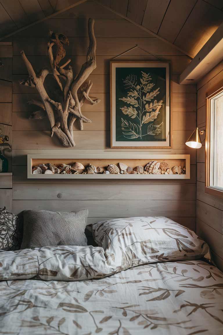 A wall in a tiny house boho bedroom featuring a piece of driftwood art, a framed botanical print, and a small shelf displaying a collection of seashells. On the bed, a duvet cover with a subtle leaf pattern ties the nature-inspired theme together.