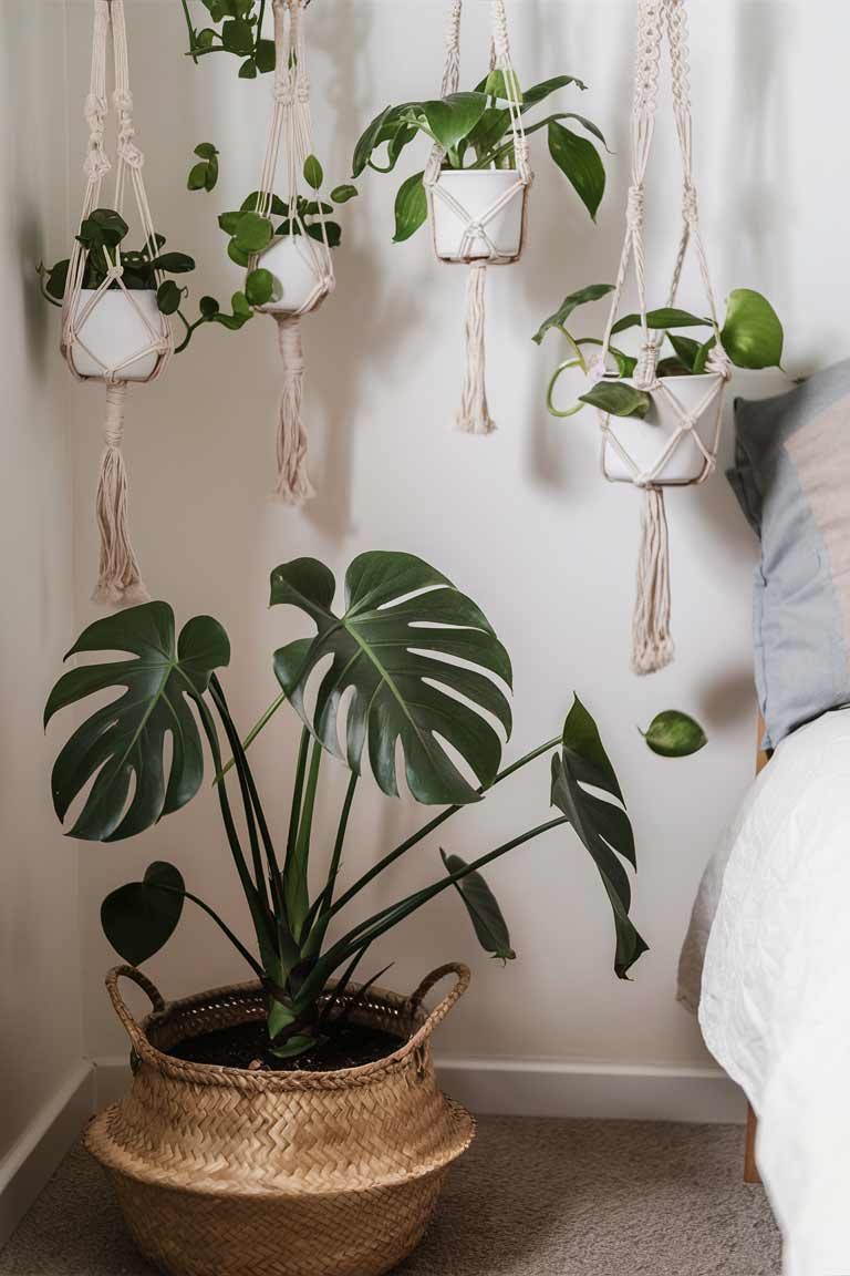 A corner of a tiny house bedroom with a large, leafy monstera plant in a woven basket on the floor. Above, several small pothos plants hang from macramé plant hangers at different heights, utilizing vertical space effectively.