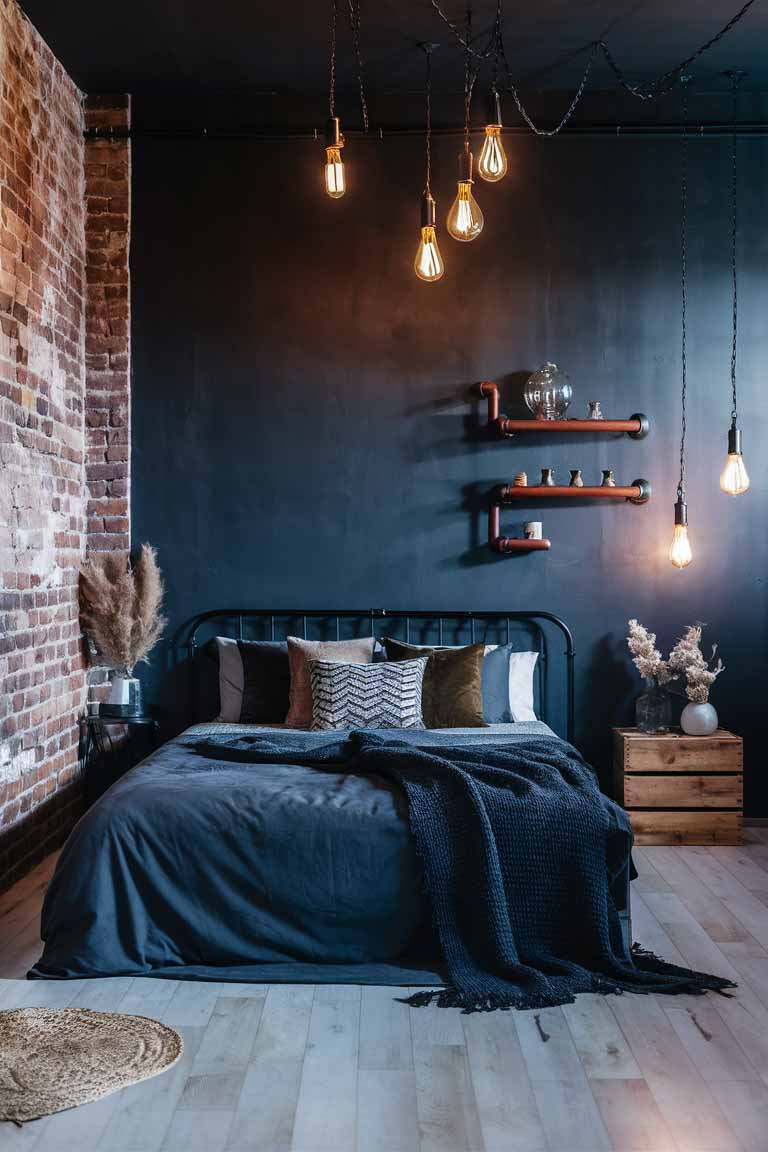 A tiny house bedroom with an industrial chic theme. One wall features exposed brick, while the others are painted in a deep charcoal gray. The bed has a metal frame with dark gray bedding. Edison bulb pendant lights hang from the ceiling, and there's a wooden crate repurposed as a nightstand. Exposed pipe shelving on the wall adds to the industrial feel.