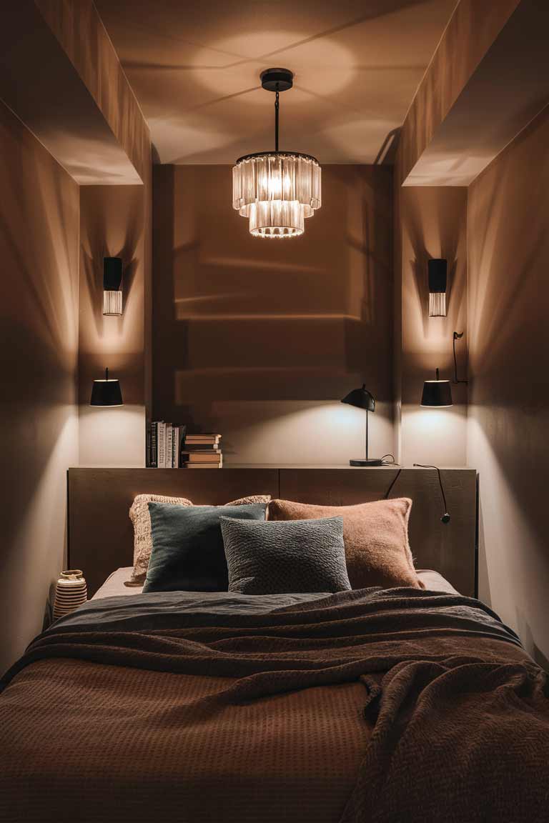 A small bedroom showcasing layered lighting. A small, modern chandelier provides overall illumination. Wall sconces on either side of the bed offer task lighting for reading. The warm glow from various light sources creates a cozy, inviting atmosphere in the compact space.