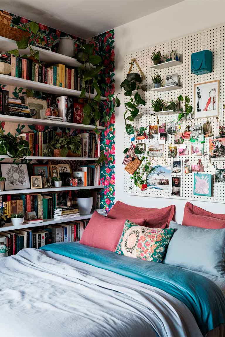 A tiny bedroom showcasing personal style. One wall features bold, floral wallpaper in vibrant colors. Open shelving displays a curated collection of books, plants, and personal mementos. A large pegboard holds an assortment of photos, small plants, and hanging organizers. The bed is dressed in linens that complement the wallpaper, tying the room together.