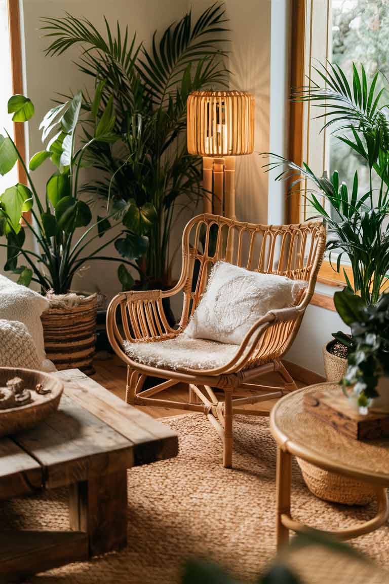 A close-up of a small living room corner featuring natural materials. There is a rattan chair, a reclaimed wood coffee table, and a bamboo floor lamp. It also includes some potted plants to enhance the natural, organic feel.