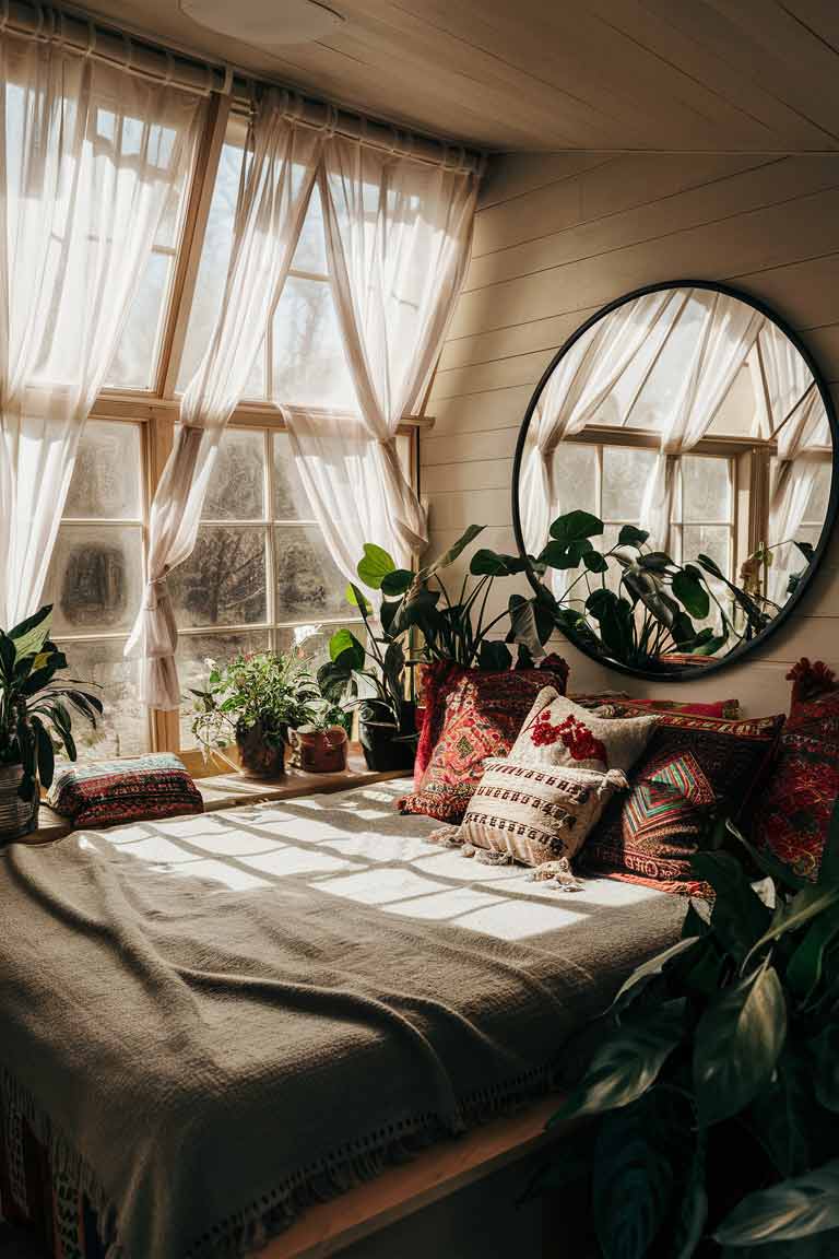 A boho tiny house bedroom with a large window covered in sheer white curtains, flooding the space with soft natural light. A large round mirror hangs on the opposite wall, reflecting the light and making the space feel more open.