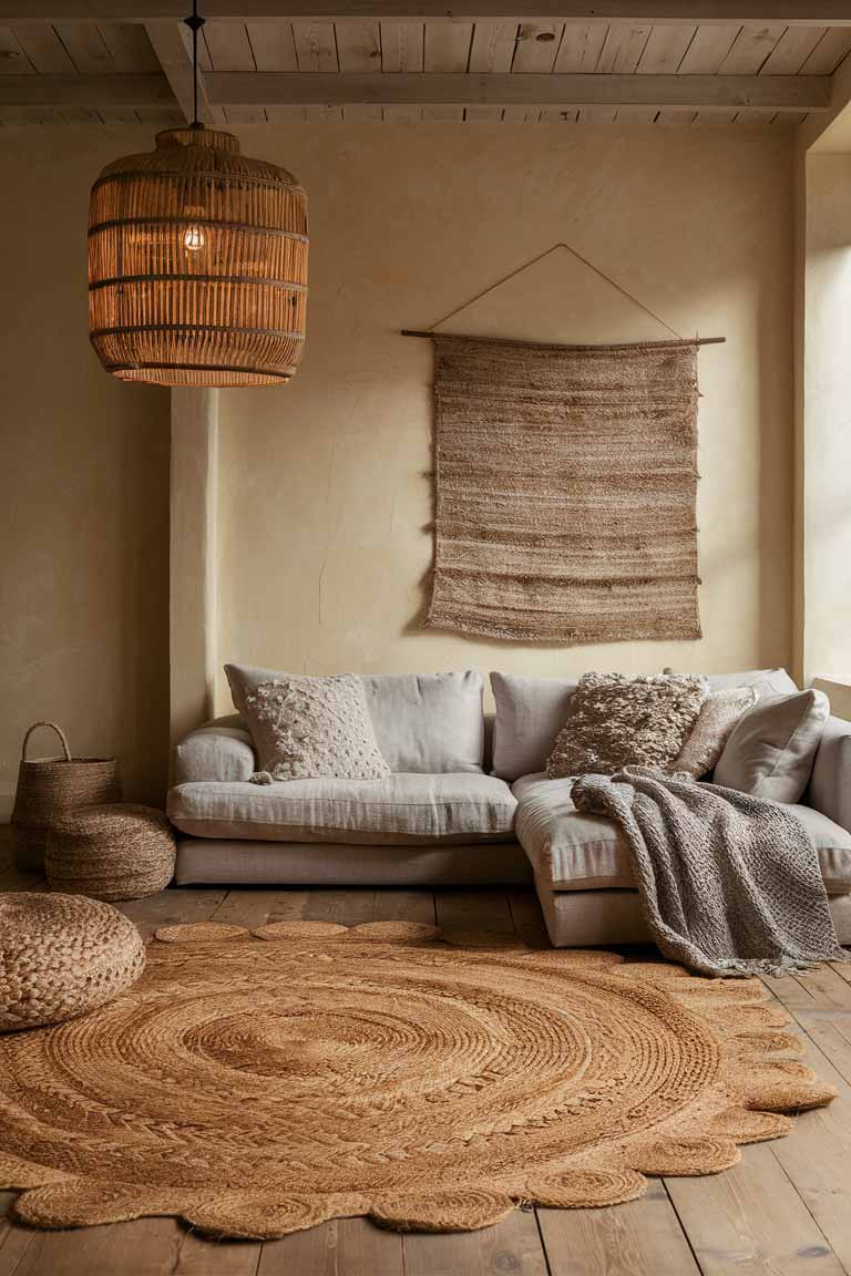 A living room vignette showcasing natural fiber elements. A large, textured jute rug covers the wooden floor. Above, a rattan pendant light casts warm light. On the wall, a simple woven wall hanging in neutral tones adds subtle pattern and texture. A linen sofa with a few textured throw pillows completes the scene.