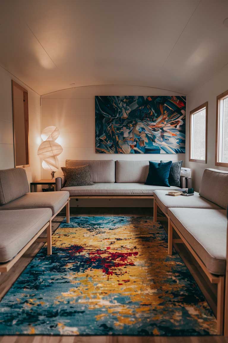 A tiny house living room with a striking statement piece. The focal point is a large, vibrant abstract area rug in shades of blue, yellow, and red. The rest of the room is kept simple with a neutral-colored sofa and minimalist furniture. A unique, sculptural floor lamp stands in one corner. On the wall, a large, eye-catching piece of modern art complements the rug. The room feels artistic and personalized despite its small size.