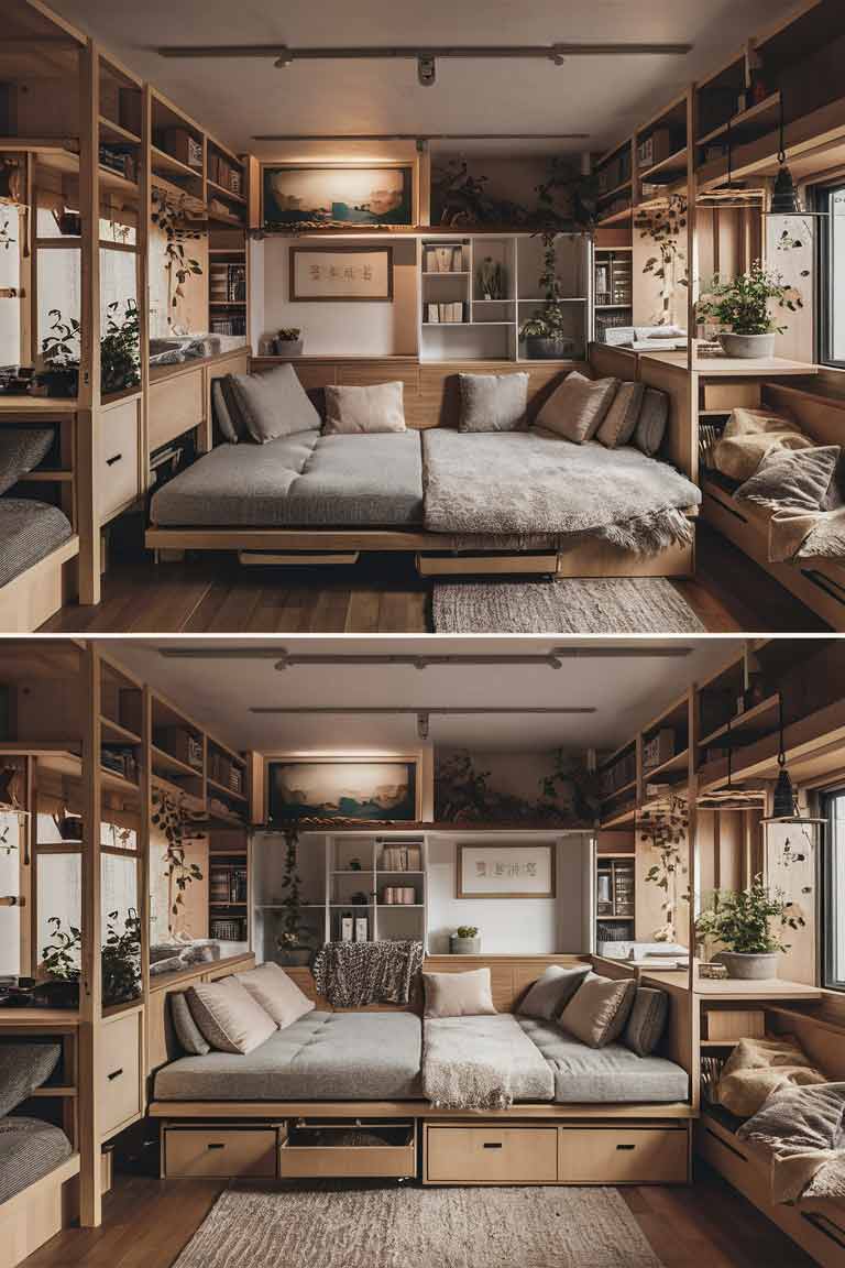 A Japanese tiny house interior with a multifunctional layout, featuring a convertible sofa-bed and storage solutions that maximize the available space.