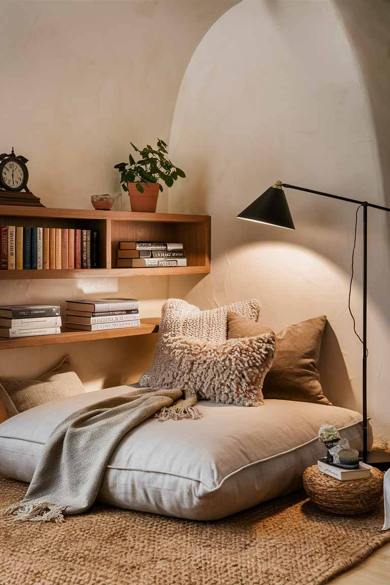  A charming corner reading nook designed for maximum comfort and aesthetic appeal. The wall is painted in a soft, warm off-white with subtle texture to add depth. A floating shelf, made of natural wood with a light, honey finish, displays a curated collection of books and a few small decorative items like a potted plant and a vintage clock. Below the shelf, a large, plush floor cushion in a soft beige hue is adorned with a mix of cozy throw pillows in various textures, such as knitted and velvet. A sleek, modern black floor lamp with a soft, diffused light casts a warm glow over the nook. A woven jute rug in a complementary tone anchors the space, adding an extra layer of comfort. Consider including a lightweight, neutral-toned throw blanket draped over the cushion for added coziness.