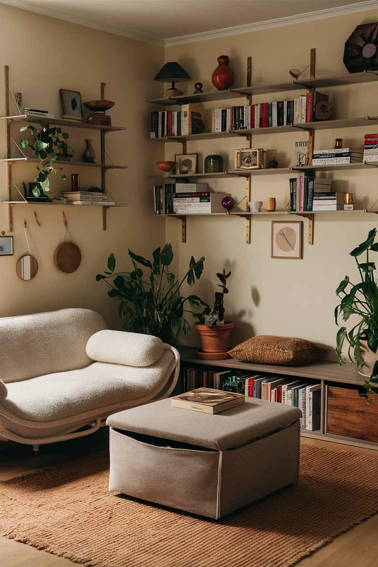 A tiny house boho living room showcasing space-saving furniture. Include a low-profile loveseat, a multifunctional storage ottoman, and wall-mounted shelves. The room looks uncluttered and spacious despite its small size.