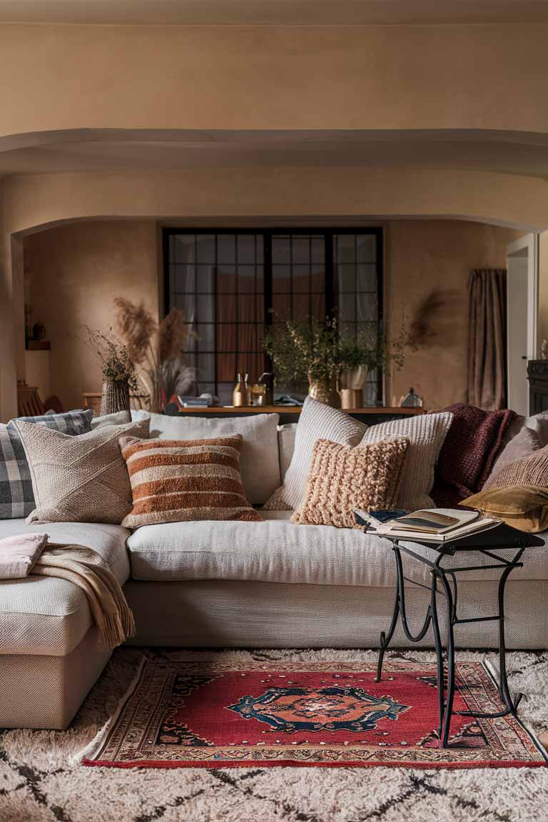 A small living room featuring a plush neutral-toned area rug anchoring the seating area. A vintage Persian rug in rich colors sits in front of a small writing desk. The sofa is adorned with throw pillows in various textures and complementary colors, and a soft blanket is draped over one arm.