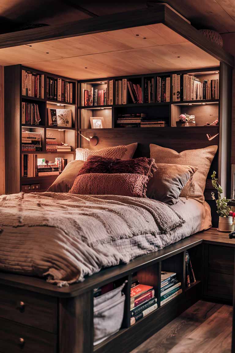 A platform bed in a tiny house bedroom with multiple storage drawers visible underneath. The bed is made up with a plush comforter and several pillows. The headboard features hidden compartments, some open to reveal books and small items. The room has a warm, cozy feel with soft lighting and a small potted plant on a bedside table.