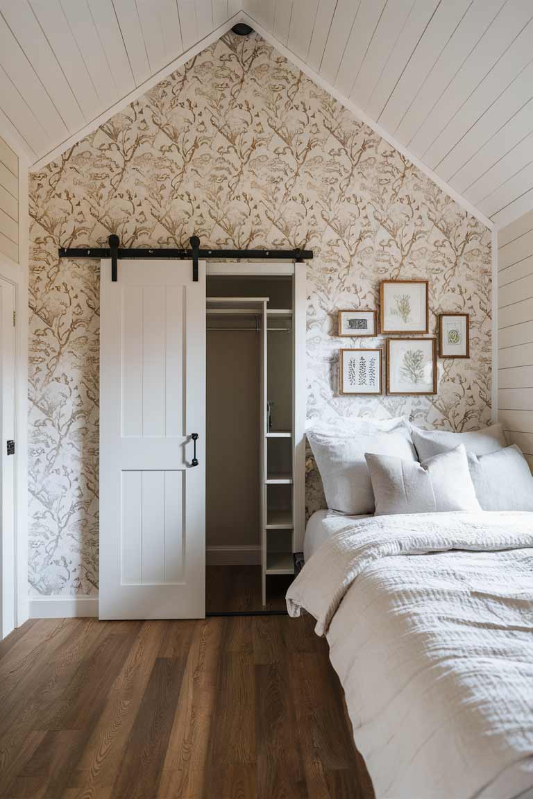 A tiny house bedroom featuring an accent wall with light wallpaper in a nature-inspired pattern. The rest of the walls are painted in a complementary neutral tone. A sliding barn door painted in a rustic finish leads to a small closet. The bed is positioned against the accent wall, dressed in simple, white linens to let the wallpaper stand out. A small gallery of framed artwork adds visual interest to another wall.