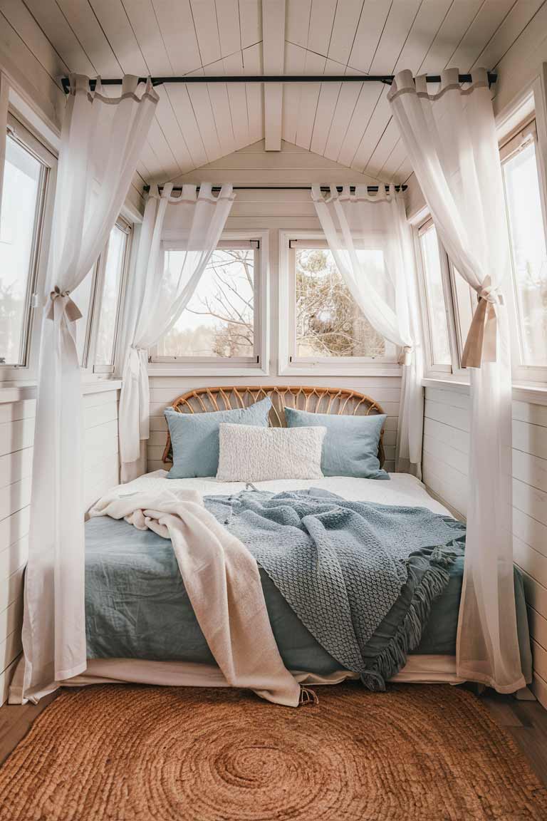 A tiny house bedroom with sheer white curtains framing the windows, a jute area rug, and a rattan headboard adorned with crisp white and soft blue bedding.