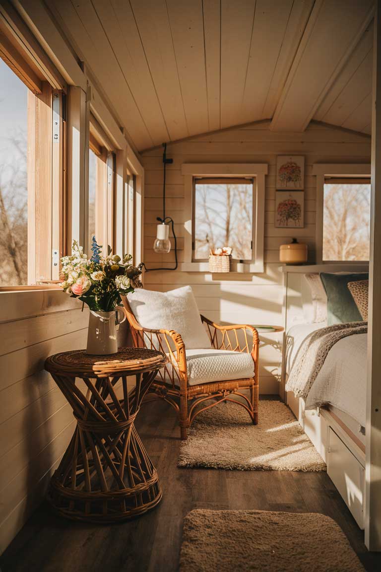 A tiny house bedroom featuring a wicker side table, and a rattan armchair nestled in the corner.