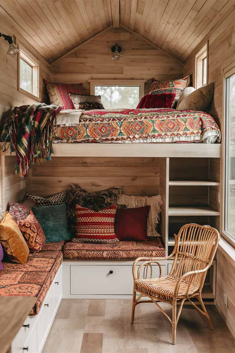 A tiny house interior showing clever space-saving solutions. A loft area with a low platform bed is visible, dressed in colorful boho bedding. Below, built-in bench seating runs along one wall, decorated with an array of patterned cushions. A rattan chair completes the scene, demonstrating how to maximize vertical space in a tiny house.