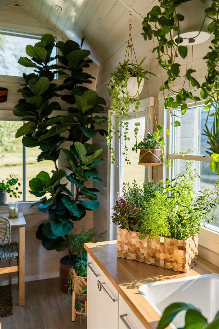 A corner of a tiny house interior filled with plants. A large fiddle leaf fig stands in one corner, while various hanging planters with trailing plants are suspended from the ceiling. On a small kitchen counter, a wooden box filled with fresh herbs sits near a window. The abundance of greenery creates a lush, nature-inspired atmosphere in the small space.