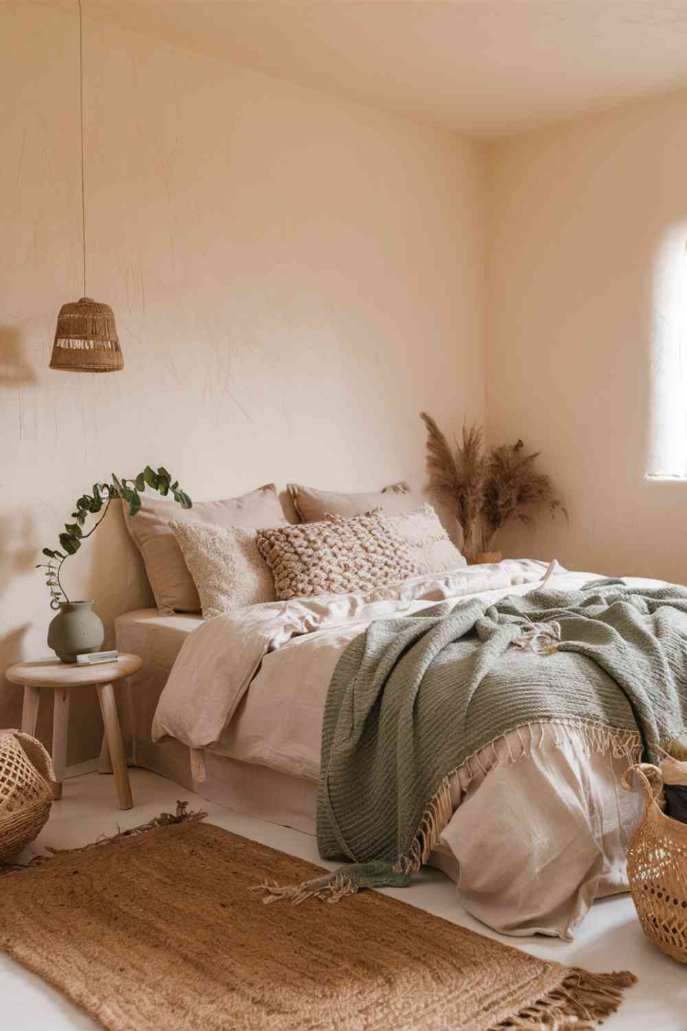 A minimalist boho bedroom with soft, earthy tones. The walls are painted in a warm off-white shade, and the bed is dressed in layers of cream and beige linens. A muted sage green throw is draped over the foot of the bed, and there's a light wooden bedside table with a small potted plant. The floor features a natural jute rug, adding texture to the space.