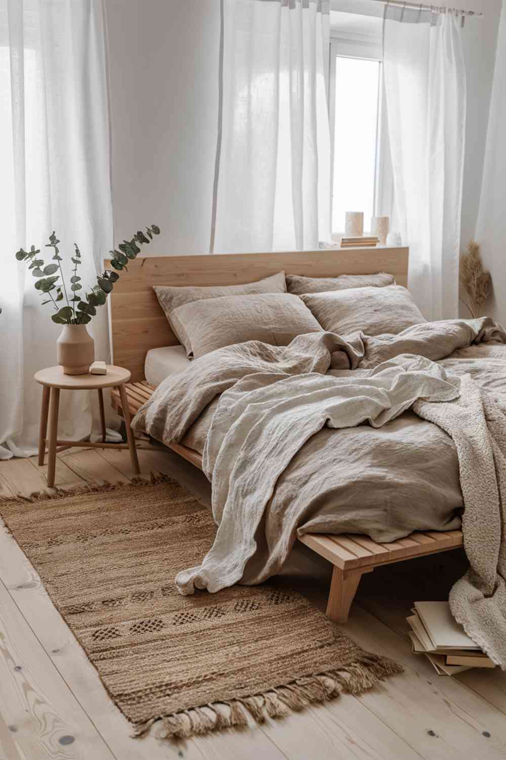 A detailed shot of a Scandinavian minimalist bedroom focusing on natural materials. A light wood bed frame is visible, along with a wooden nightstand. The bed is dressed in rumpled linen bedding in a soft beige color. A woven jute rug lies on the light wood floor, adding texture to the space.