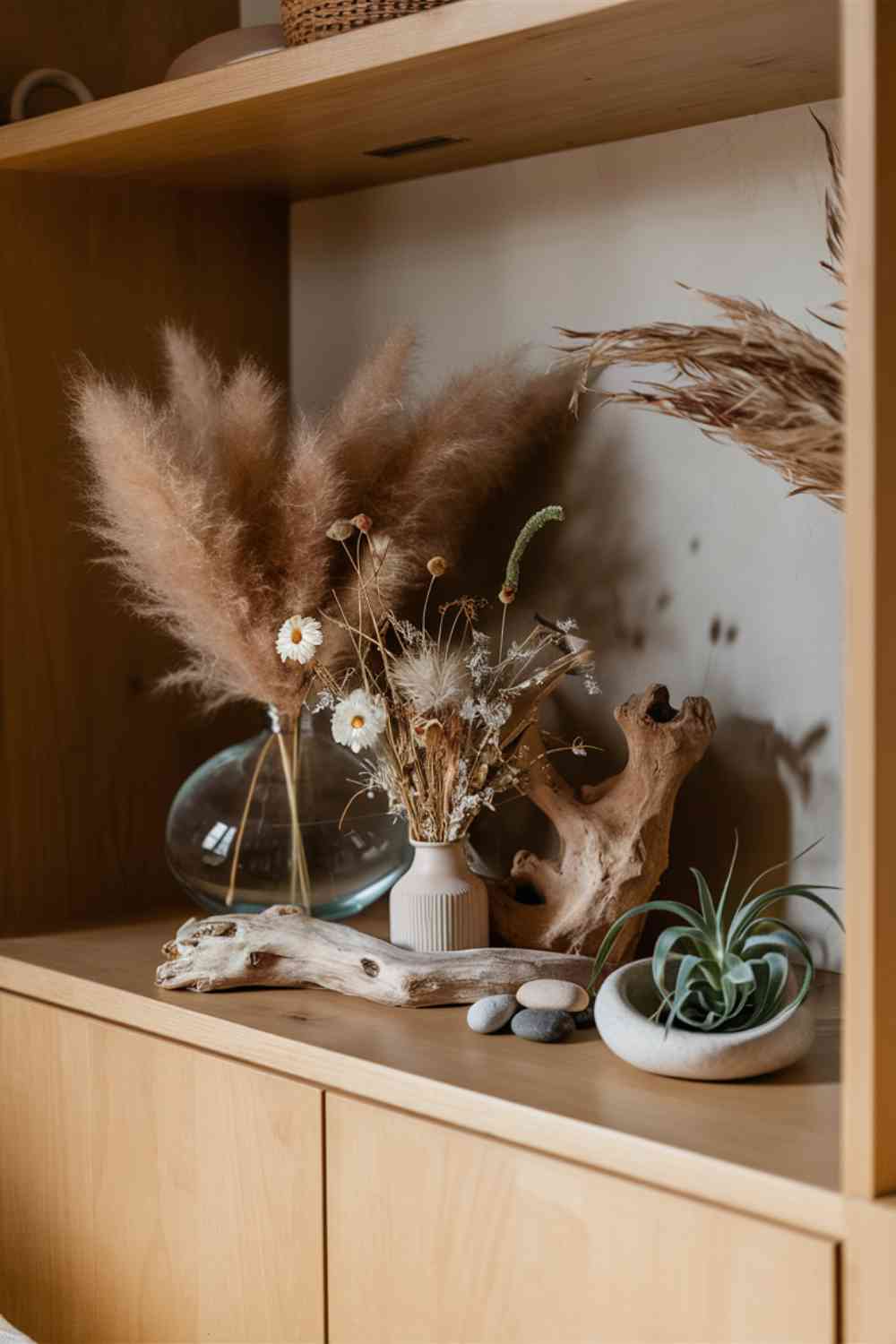 A styled shelf in a minimalist boho bedroom. The wooden shelf holds a collection of natural elements: a large clear vase filled with fluffy pampas grass, a smaller vase with dried wildflowers, and a piece of interestingly shaped driftwood. A few smooth river stones are artfully arranged next to a small air plant in a ceramic dish. These natural elements add texture and interest to the space without adding clutter.