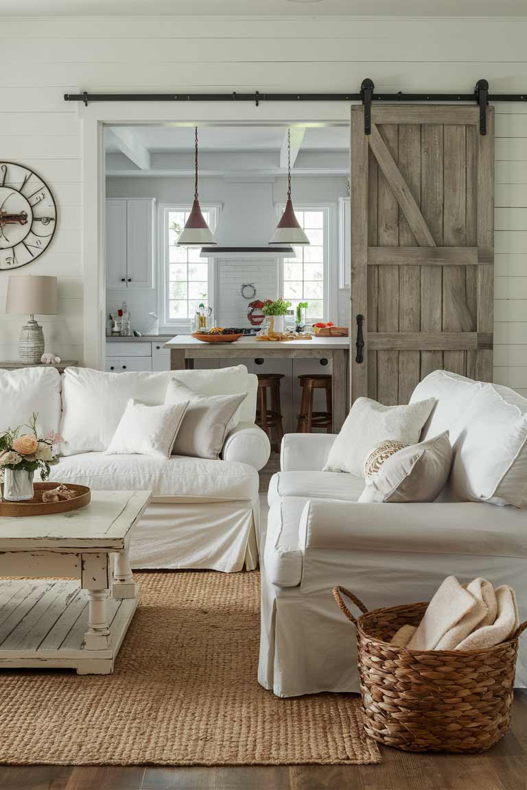 A tiny living room with farmhouse-style decor. A white slipcovered sofa with throw pillows sits against one wall. A wooden coffee table with a distressed finish is placed in front. A woven basket filled with blankets sits next to the sofa. A barn door with a rustic finish slides open to reveal the kitchen area.