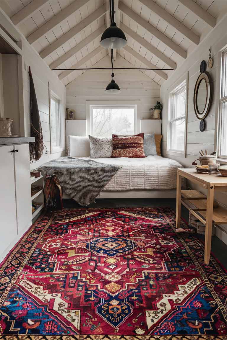 A tiny house bedroom with a large, vintage Persian rug covering most of the floor. The rug features a bold pattern in rich reds, blues, and golds, serving as a vibrant focal point for the otherwise simply decorated space.