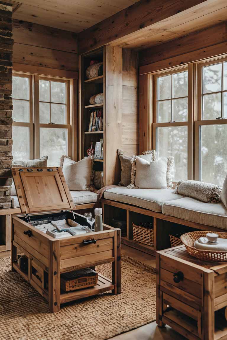 A corner of a rustic tiny living room showcasing multi-functional furniture. The image features a rustic wooden coffee table with a lift-top revealing storage inside. Next to it is a built-in window seat with drawers underneath, topped with cozy cushions and throw pillows. A small fold-down table is visible on one wall, currently in its folded position. The furniture pieces are in warm wood tones, contributing to the rustic aesthetic while maximizing the use of space.