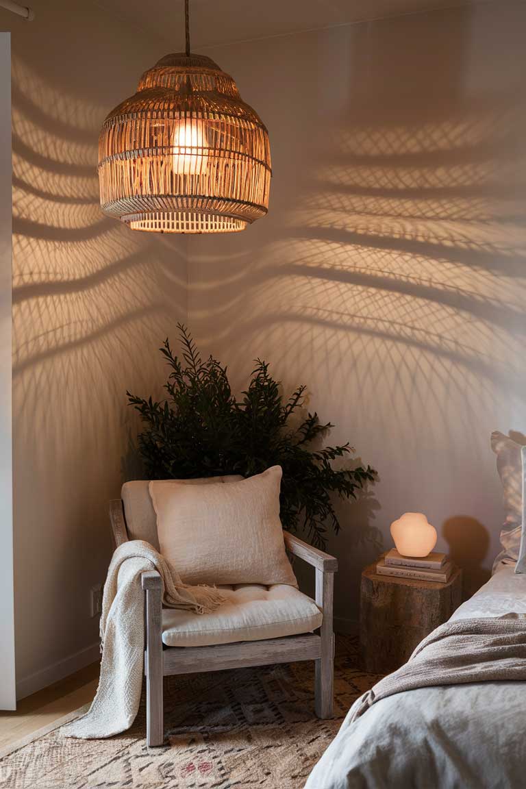 A bedroom corner showing a large, woven rattan pendant light hanging from the ceiling. The light casts intricate shadows on the nearby walls, adding depth and interest to the space. Below, a simple wooden armchair with a linen cushion creates a cozy reading nook.