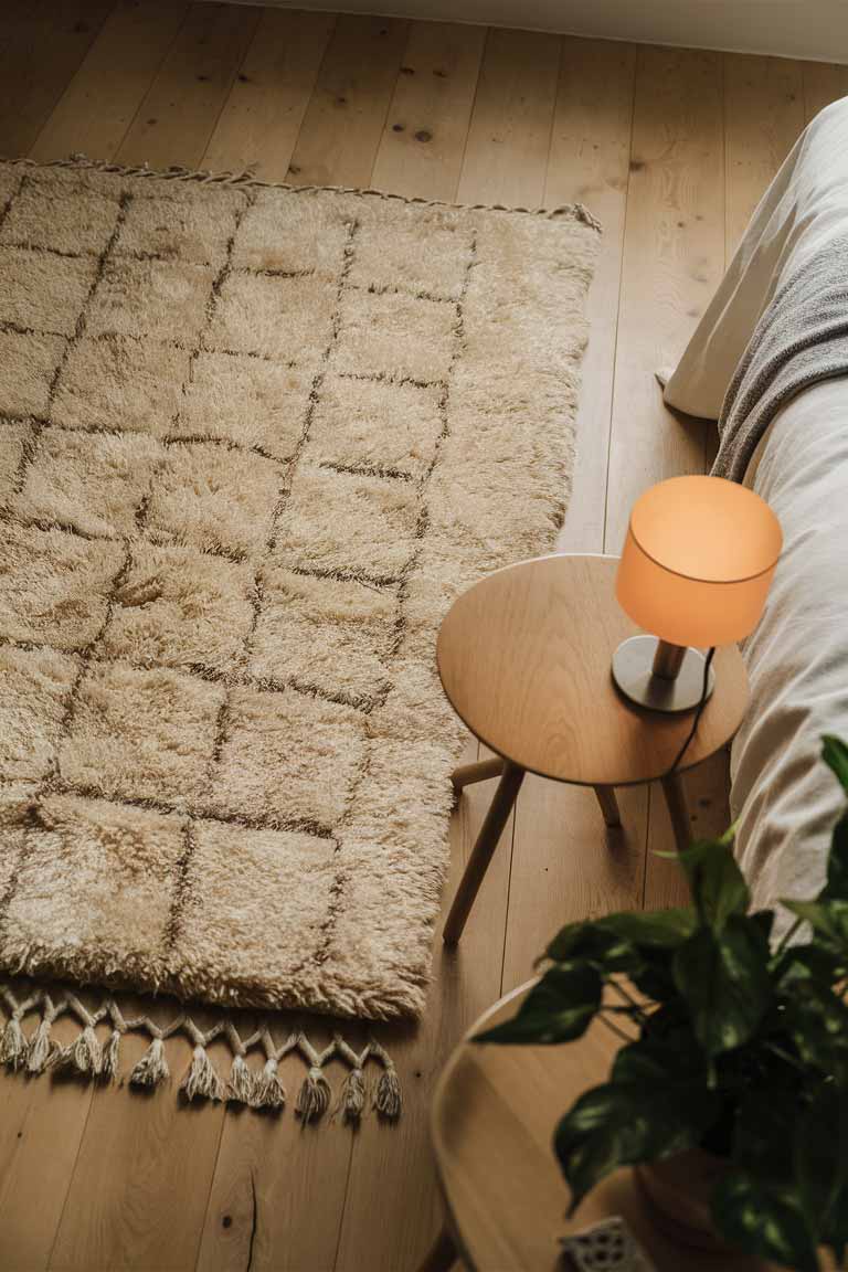 A corner of a bedroom showing a plush, cream-colored area rug on light wooden floors. The rug's subtle pattern adds texture without overwhelming the minimalist design of the space.