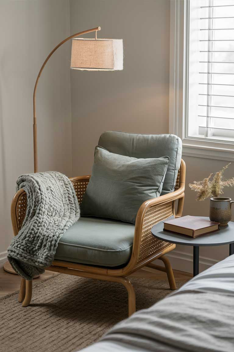 A corner of a bedroom featuring a sleek rattan armchair with clean lines. A soft, chunky knit throw in a muted sage green is draped over one arm. Next to the chair stands a minimalist floor lamp with a linen shade, its arc extending over the seat. A small round side table holds a book and a ceramic mug, completing the inviting reading nook.