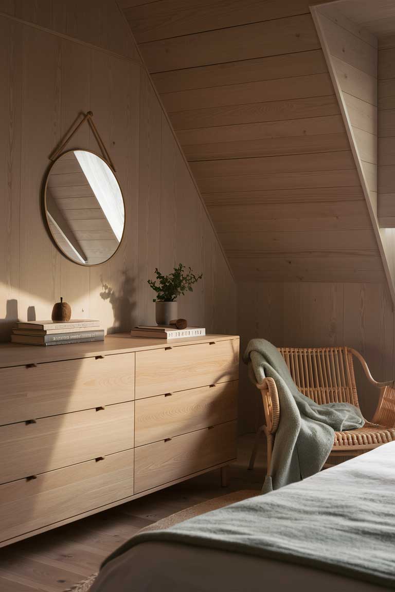 A corner of a bedroom featuring a sleek wooden dresser with minimal hardware. Above it hangs a round mirror with a thin wooden frame. A rattan armchair sits nearby, draped with a soft wool throw in a muted green color.