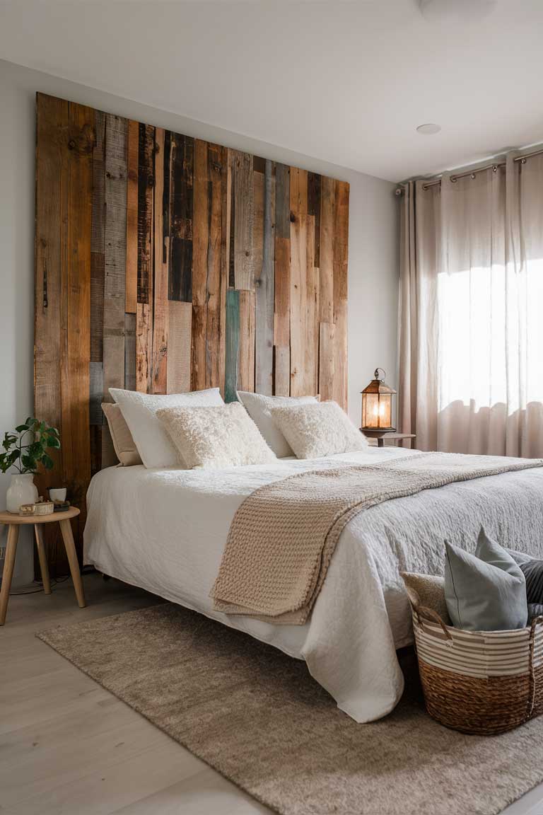 A bedroom featuring a large, reclaimed wood headboard as the focal point. The headboard extends slightly beyond the width of the bed, creating a strong visual impact. The rest of the room is kept simple, with white bedding and minimal decor, allowing the headboard to take center stage.