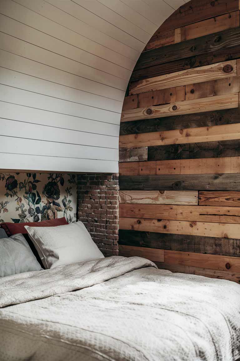 A rustic tiny house bedroom wall featuring a mix of treatments. One section showcases horizontal shiplap painted in a soft white, while another reveals the warm tones of reclaimed barn wood. A small section of exposed brick adds texture, and a vintage floral wallpaper peeks out from behind the bed, adding a touch of charm.