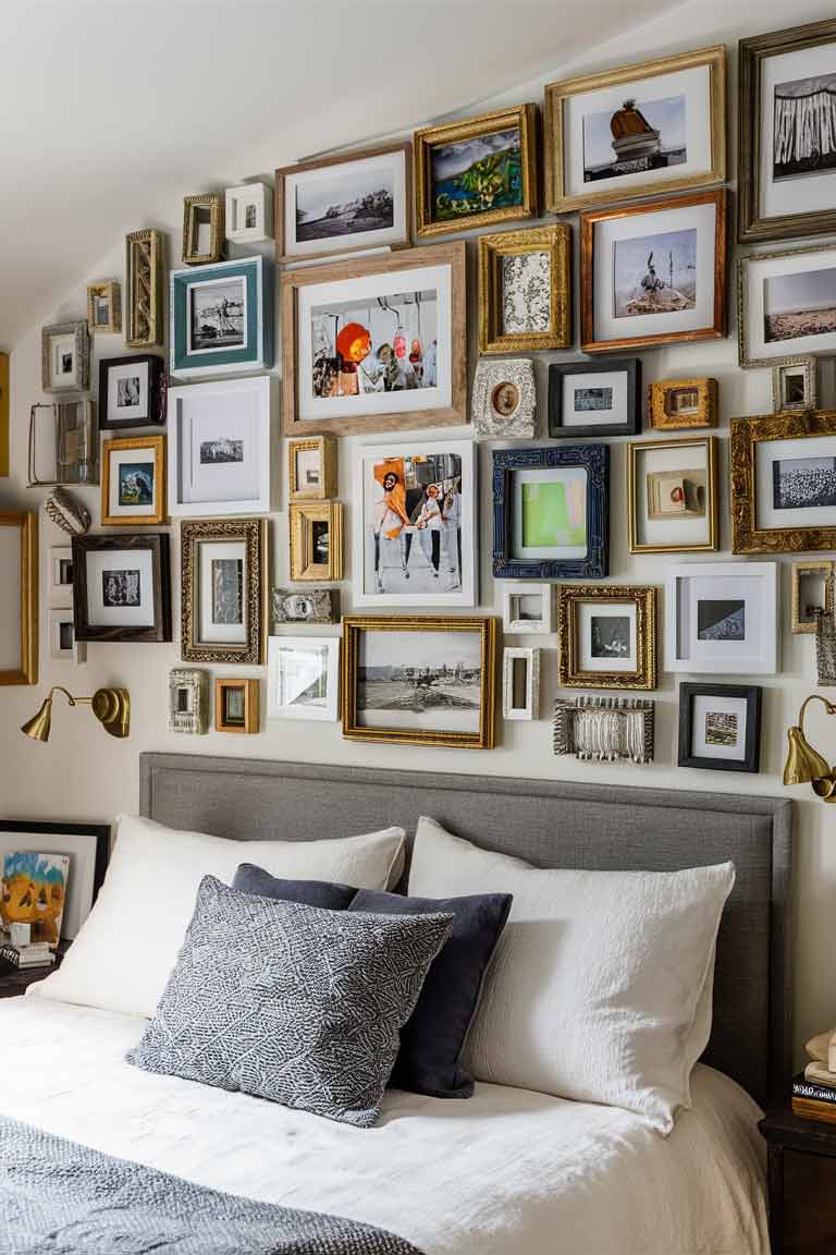 A tiny house bedroom wall featuring a carefully curated gallery wall. The arrangement includes a mix of framed photographs, small paintings, and other wall art in various sizes and styles. The frames are a mix of colors and materials, creating an eclectic yet cohesive look. The gallery wall extends from just above a simple headboard to near the ceiling, making use of vertical space.