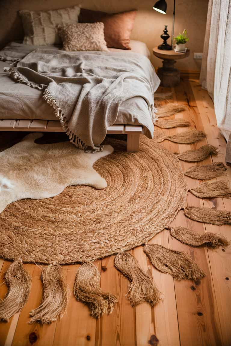 A cozy bedroom nook featuring a large, natural jute rug sprawled across a warm, wooden floor with visible grain patterns. The rug's woven texture adds a touch of rustic charm and contrasts elegantly with the smooth wood beneath. A simple wooden bed frame, with soft, neutral-toned bedding and a few textured throw pillows, sits atop the rug. Adjacent to the bed, a plush sheepskin rug introduces an extra layer of luxury and warmth. To enhance the cozy atmosphere, include a bedside table with a vintage lamp casting a gentle glow and a small potted plant or a stack of books. The room’s ambiance is complemented by soft, diffused natural light filtering through sheer curtains.