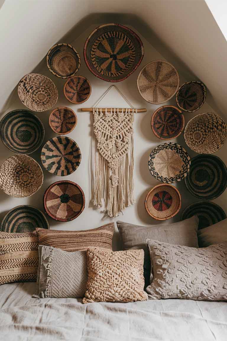 A tiny house bedroom wall adorned with a collection of woven baskets in various sizes and patterns. In the center, a large macramé wall hanging serves as a focal point, its intricate design adding texture and interest to the space.