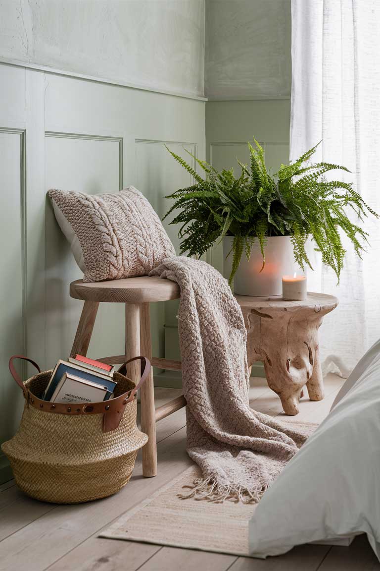 A cozy bedroom reading nook featuring a simple wooden stool with a natural finish, adorned with a plush, knitted seat cushion in a soft, muted color. Next to the stool is a stylish woven basket with a leather handle, filled with an inviting selection of books. A large potted fern in a minimalist white pot adds a touch of greenery and freshness. The backdrop is a soothing pale green wall with a subtle texture, enhanced by a delicate, sheer curtain filtering soft, natural light. A textured, neutral-toned throw blanket drapes casually over the stool, and a small, artisanal wooden side table with a lit candle and a delicate ceramic mug completes the scene, creating an inviting and serene reading retreat.