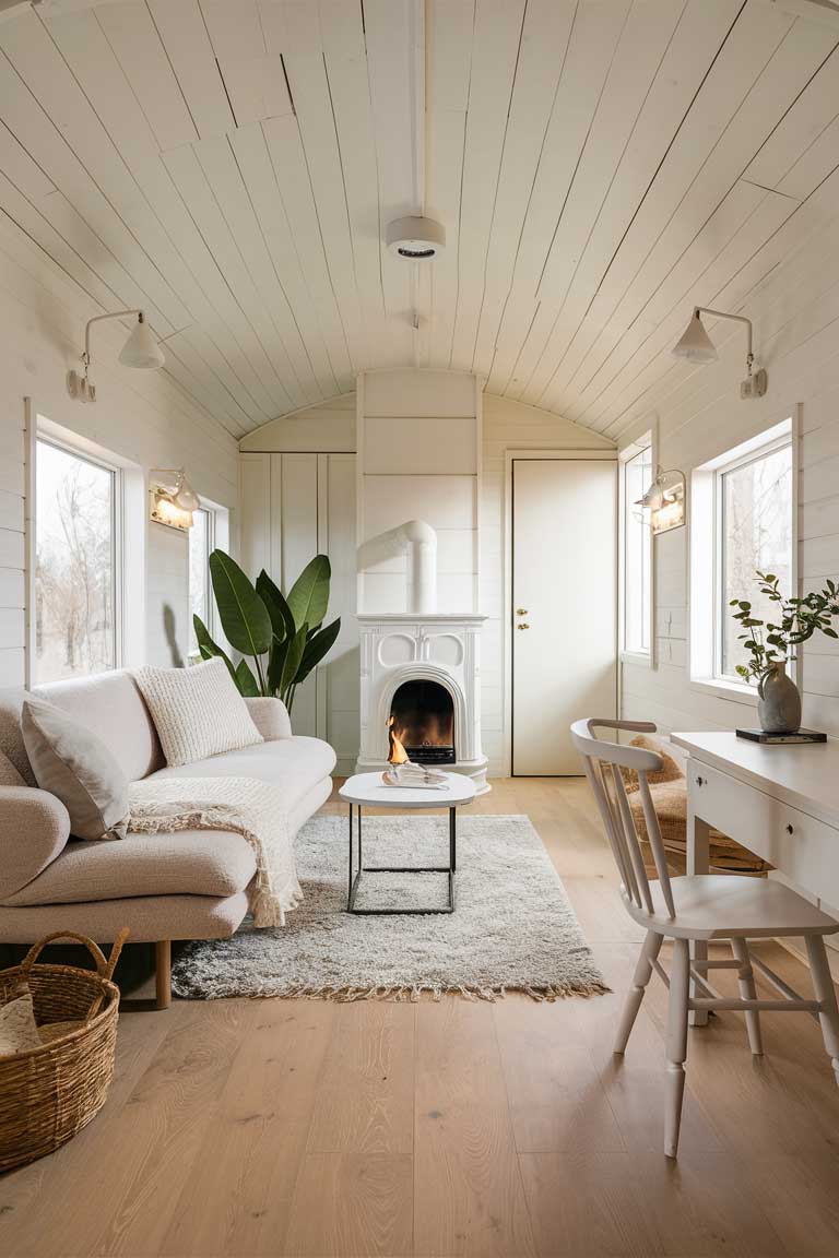 A cozy, bright Scandinavian tiny house living room featuring light wood floors, white walls, minimalist furniture, and a small, elegant fireplace. Include a plush, light-colored sofa with a few throw pillows, a simple coffee table, and a large, leafy plant in a corner.