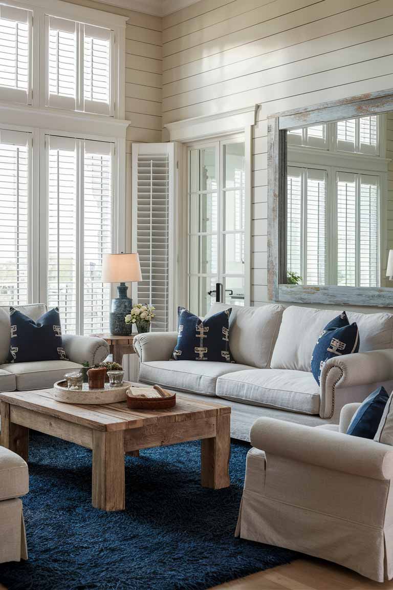 A small living room with elegant coastal vibes. Features a light beige linen sofa, driftwood coffee table, and navy blue accents through throw pillows and a plush rug. Large windows with white shutters allow natural light to flood the space. A large mirror with a weathered wood frame hangs on one wall.