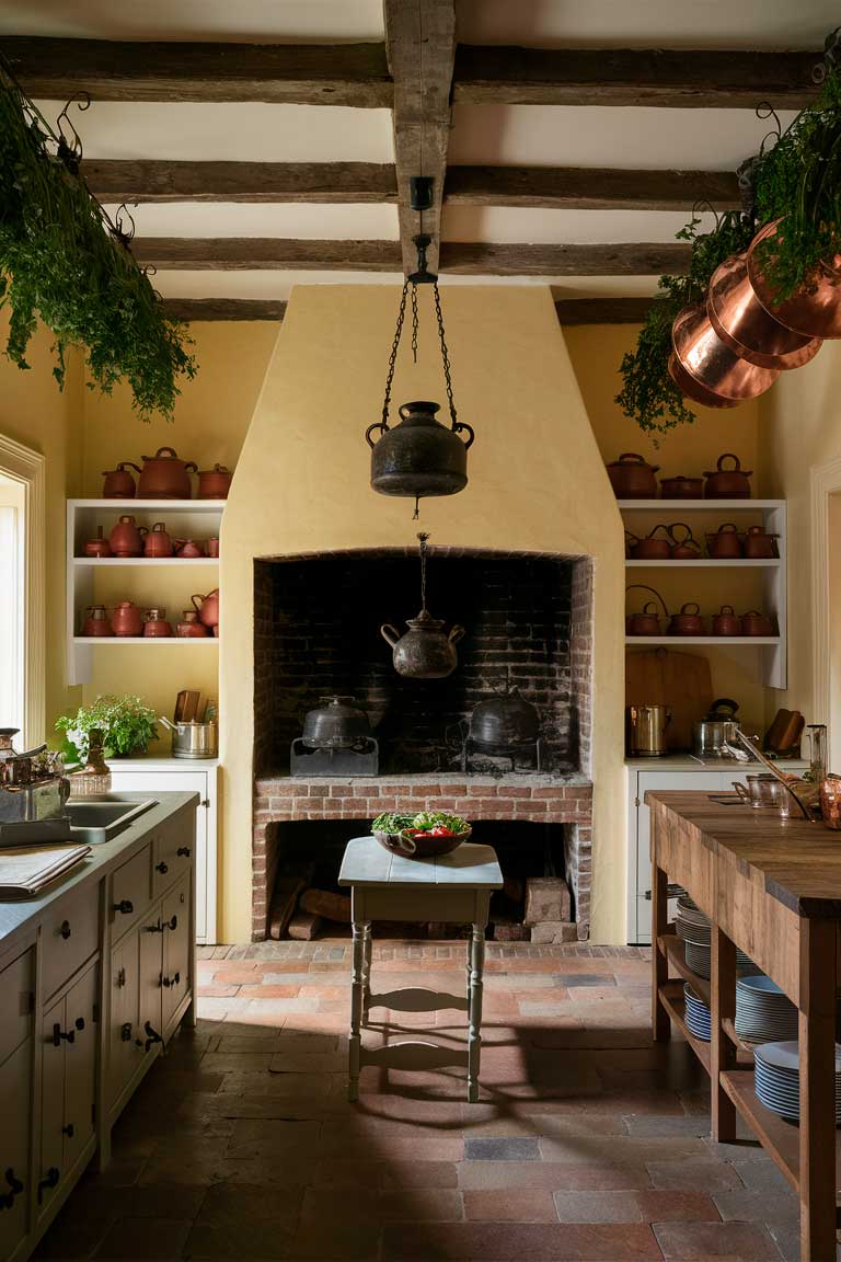 A small colonial kitchen with a large brick hearth as its centerpiece. An iron kettle hangs from a crane over the fire. Open wooden shelves display earthenware pots and blue and white china. A butcher block countertop serves as a prep area, with copper pots hanging overhead. A small wooden table in the center of the room holds a bowl of fresh produce. The walls are painted a warm buttercream color, and herbs hang from the exposed wooden beams overhead.