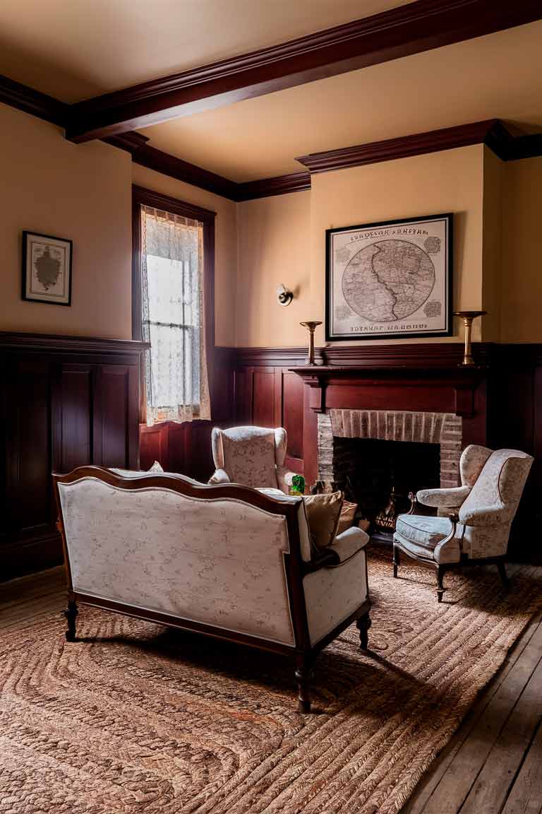 A cozy colonial living room with deep mahogany wainscoting on the lower half of the walls and warm beige paint above. A small brick fireplace serves as the focal point, with a colonial-era map hanging above the mantel. A compact Chippendale-style sofa faces the fireplace, flanked by two small wingback chairs with floral upholstery. A braided rug in muted colors covers the wooden floor, and a window with lace curtains allows soft light to filter in.