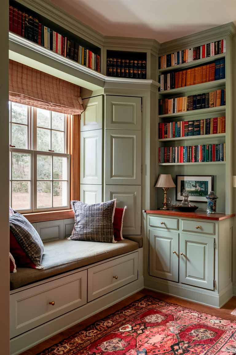 A small colonial-style alcove with a built-in window seat. The seat has a hinged top, partially open to reveal storage space inside. Above the window, built-in shelves hold books and a few decorative items. To the side, a narrow built-in cabinet fits snugly into a corner, its doors painted to match the wall color.