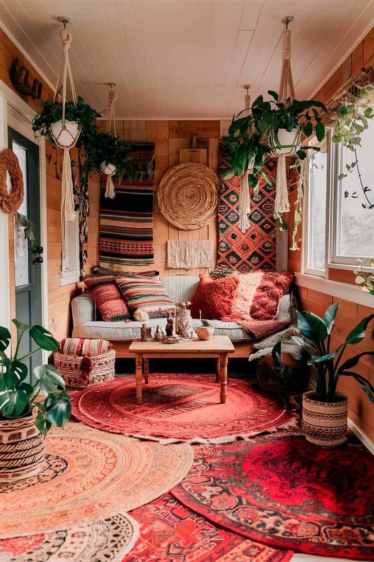 A cozy, colorful tiny house living room with a bohemian flair. The floor is covered with overlapping, richly patterned rugs in warm hues. A compact sofa is adorned with an array of colorful, textured cushions. Woven wall hangings and tapestries adorn the walls, adding visual interest and warmth. Macramé plant hangers suspend lush, green plants from the ceiling. A vintage wooden coffee table sits in the center, topped with eclectic decor items. The overall feel is warm, inviting, and full of personality.