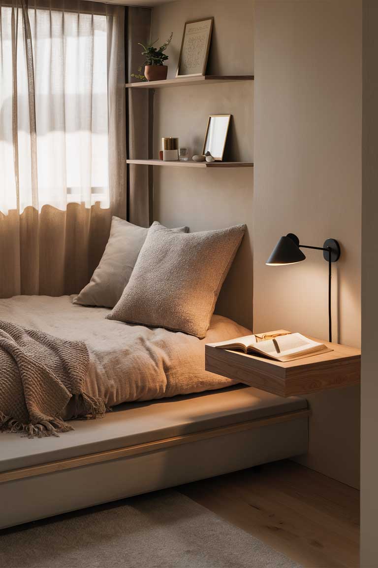 A compact bedroom with a low-profile platform bed, a single floating nightstand, and wall-mounted shelves above. The room is clutter-free, with only a book and a small lamp on the nightstand.