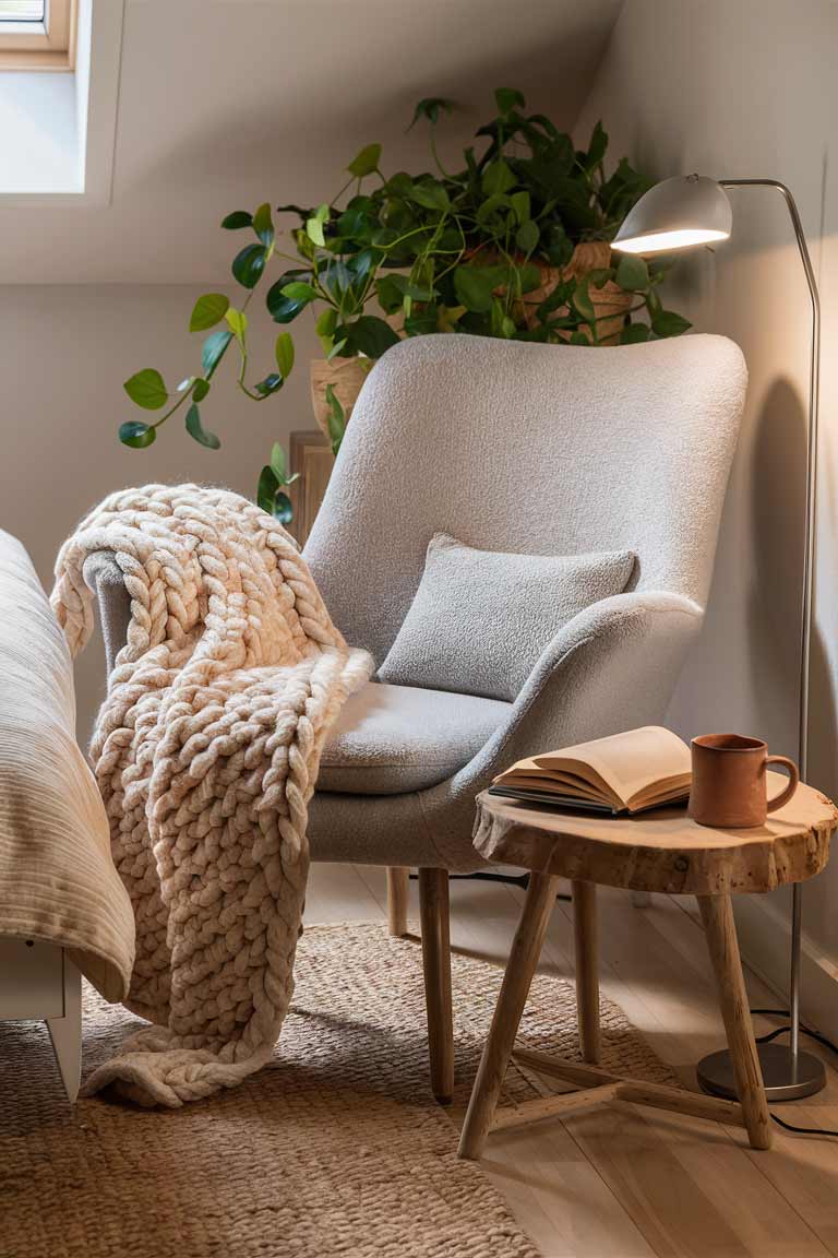 A corner of a small bedroom showing a cozy reading chair with a chunky knit throw in a soft oatmeal color draped over its arm. The throw's texture contrasts nicely with the smooth upholstery of the chair, which is a light gray. A small side table with a book and a ceramic mug completes the scene.