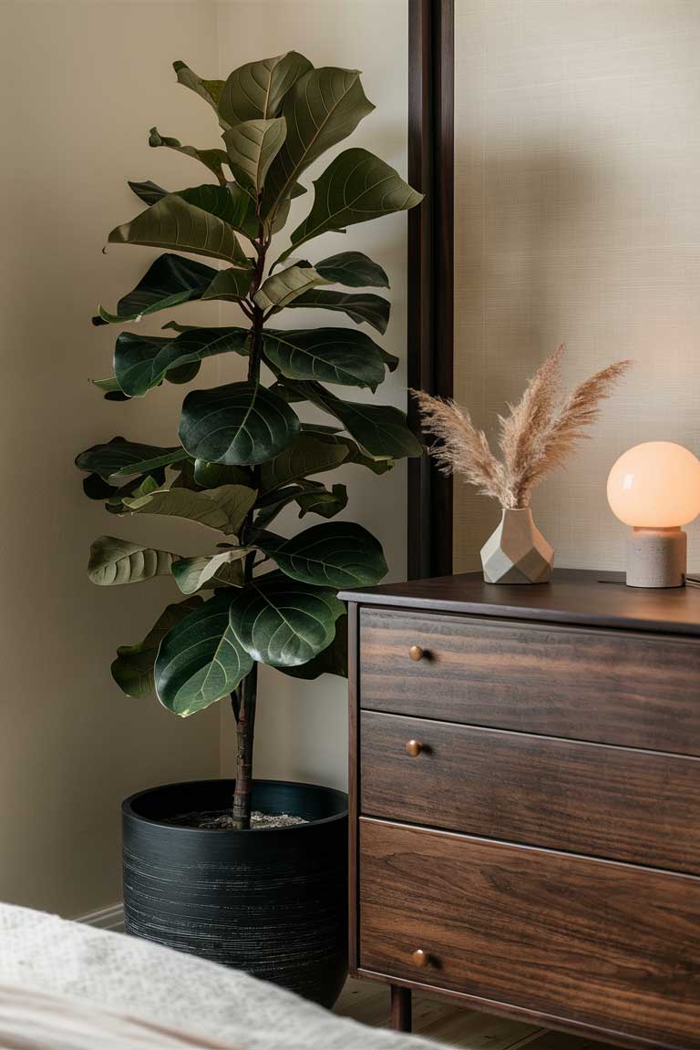 A corner of a Japandi bedroom featuring a tall fiddle leaf fig plant in a simple, dark pot. The plant stands next to a dark wood dresser, its leaves providing a beautiful contrast to the wood and adding life to the space.