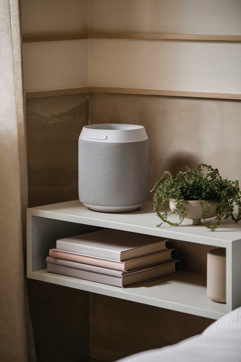 A corner of a bedroom showing a small, cylindrical speaker in matte white sitting unobtrusively on a floating shelf. The speaker's simple design complements the clean lines of the Japandi-style room. A few books and a small plant share the shelf, creating a balanced arrangement.