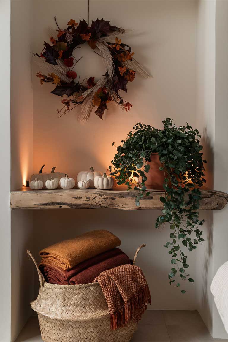 A corner of a minimalist bedroom decorated for fall with sustainable elements. A reclaimed wood shelf holds a collection of small, white ceramic pumpkins alongside a potted plant in a terracotta pot. Below, a woven basket made from natural fibers contains neatly folded throw blankets in warm, earthy tones. On the wall, there's a wreath made from dried leaves and branches. The color palette is natural and muted, creating a cozy, eco-friendly autumn atmosphere.